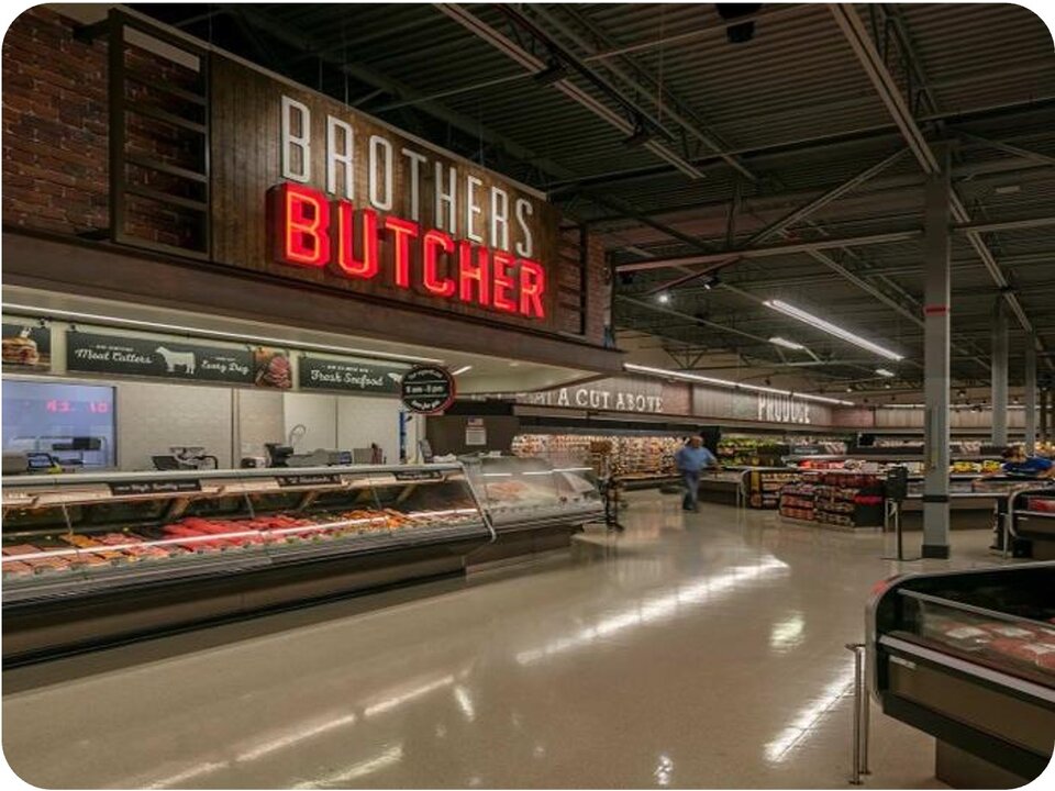 Brothers Butcher neon signage and grocery environment