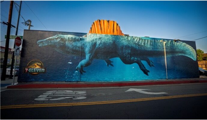 7-Eleven Jurassic World Spinosaurus building mural