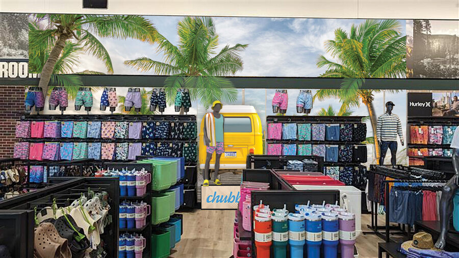 Chubbies beach-themed apparel shop-in-shop with VW bus
