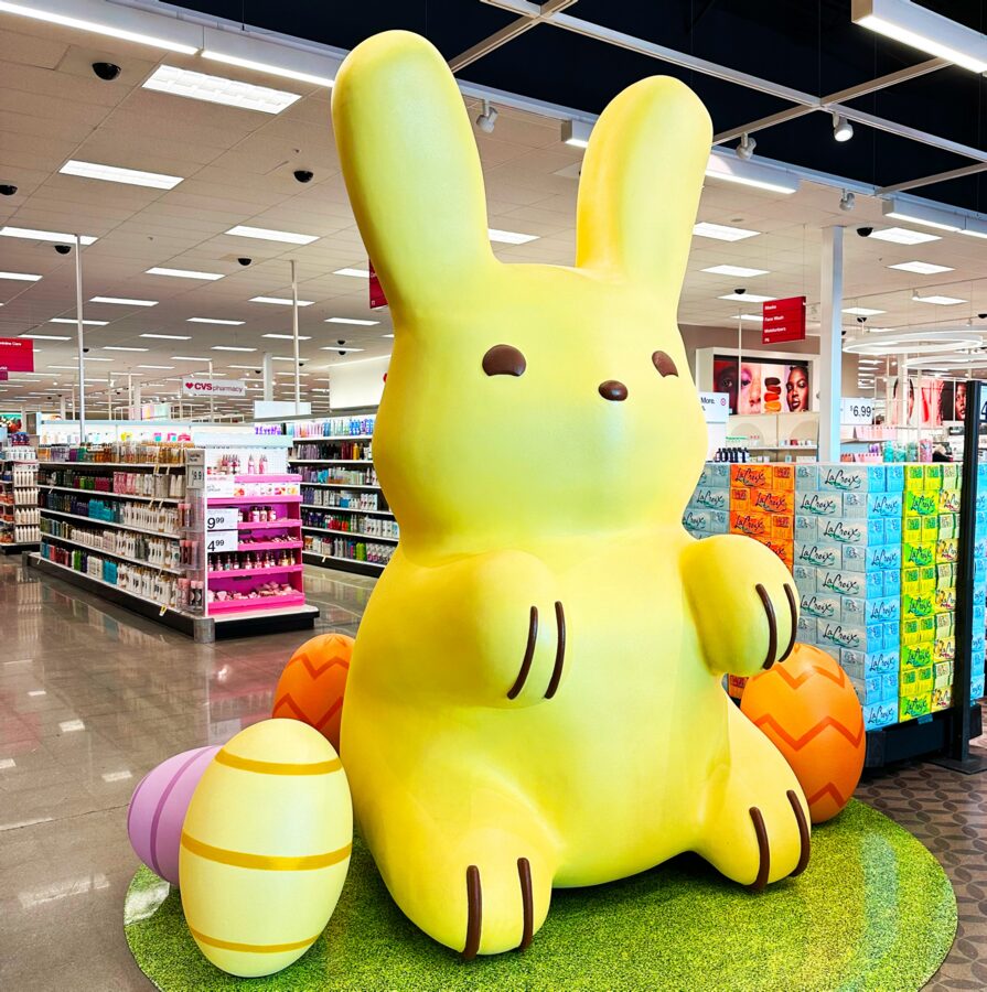 Giant sculpted Easter bunny seasonal retail centerpiece