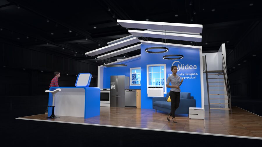 Midea appliance trade-show booth with modeled home vignette